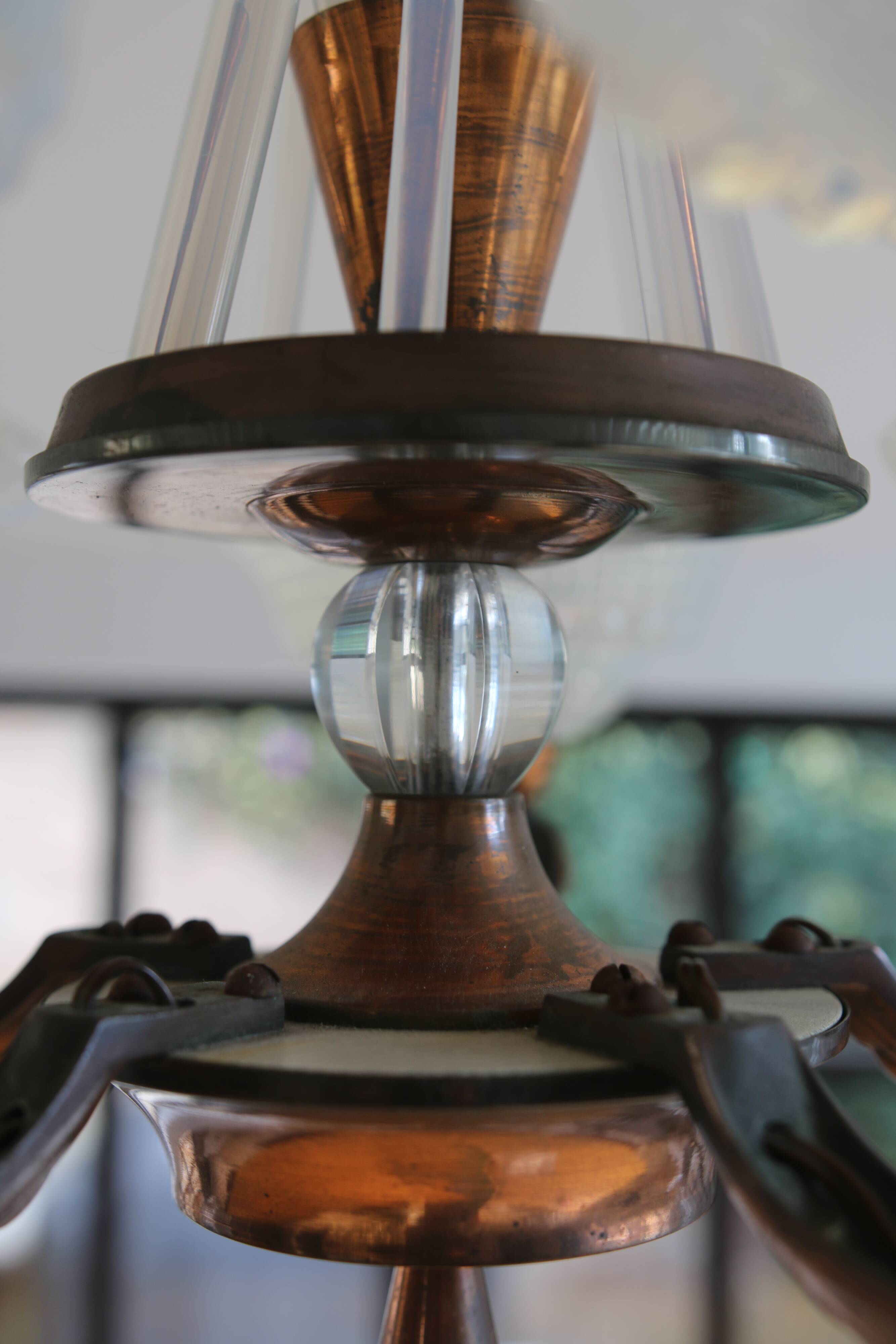 Art Deco lustre, opalescent glass, Ezan & Petitot, signed.