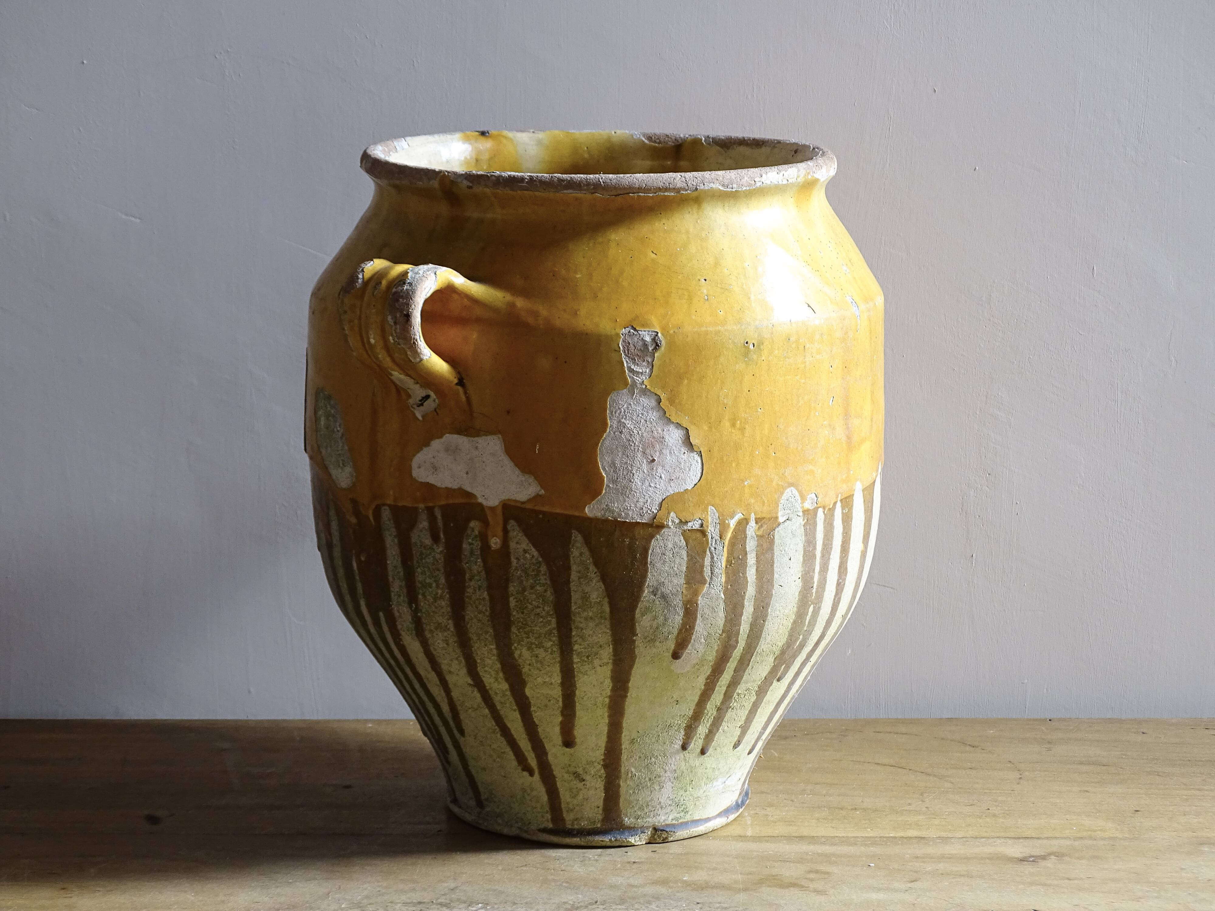 Large Antique French Confit Pot with Yellow Glaze