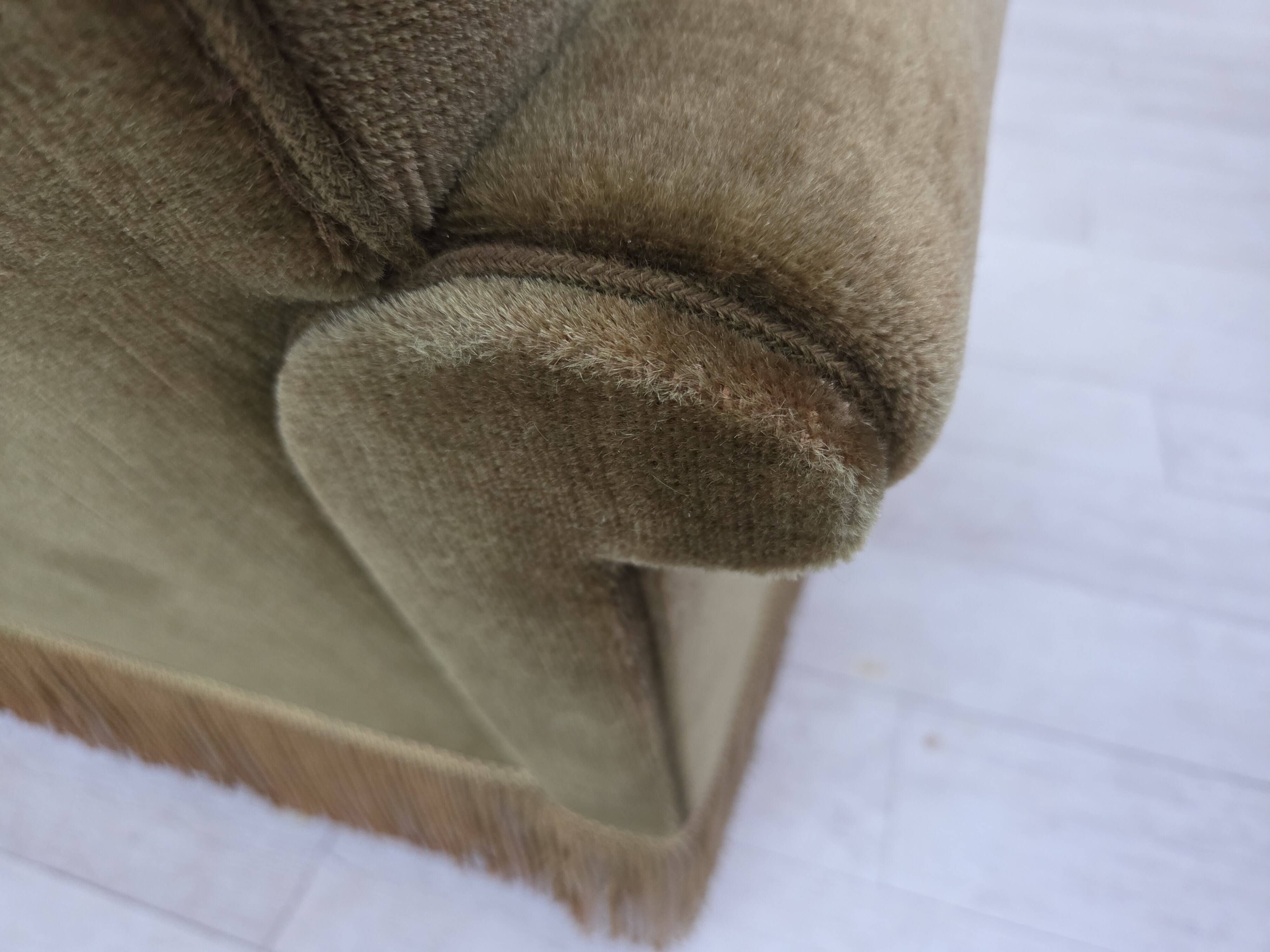 1970s, Danish 3-seater sofa, green furniture velour, teak wood legs.