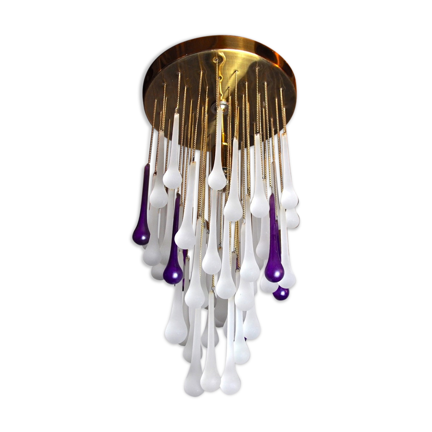 Venini waterfall ceiling lamp, murano crystals, two-tone purple and white, Italy, 1960