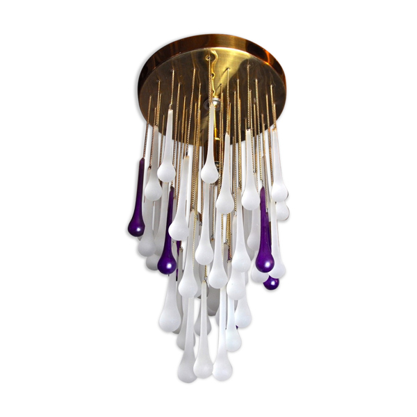 Plafonnier cascade de Venini, cristaux murano, bicolore violet et blanc, Italie, 1960