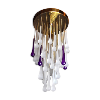 Venini waterfall ceiling lamp, murano crystals, two-tone purple and white, Italy, 1960