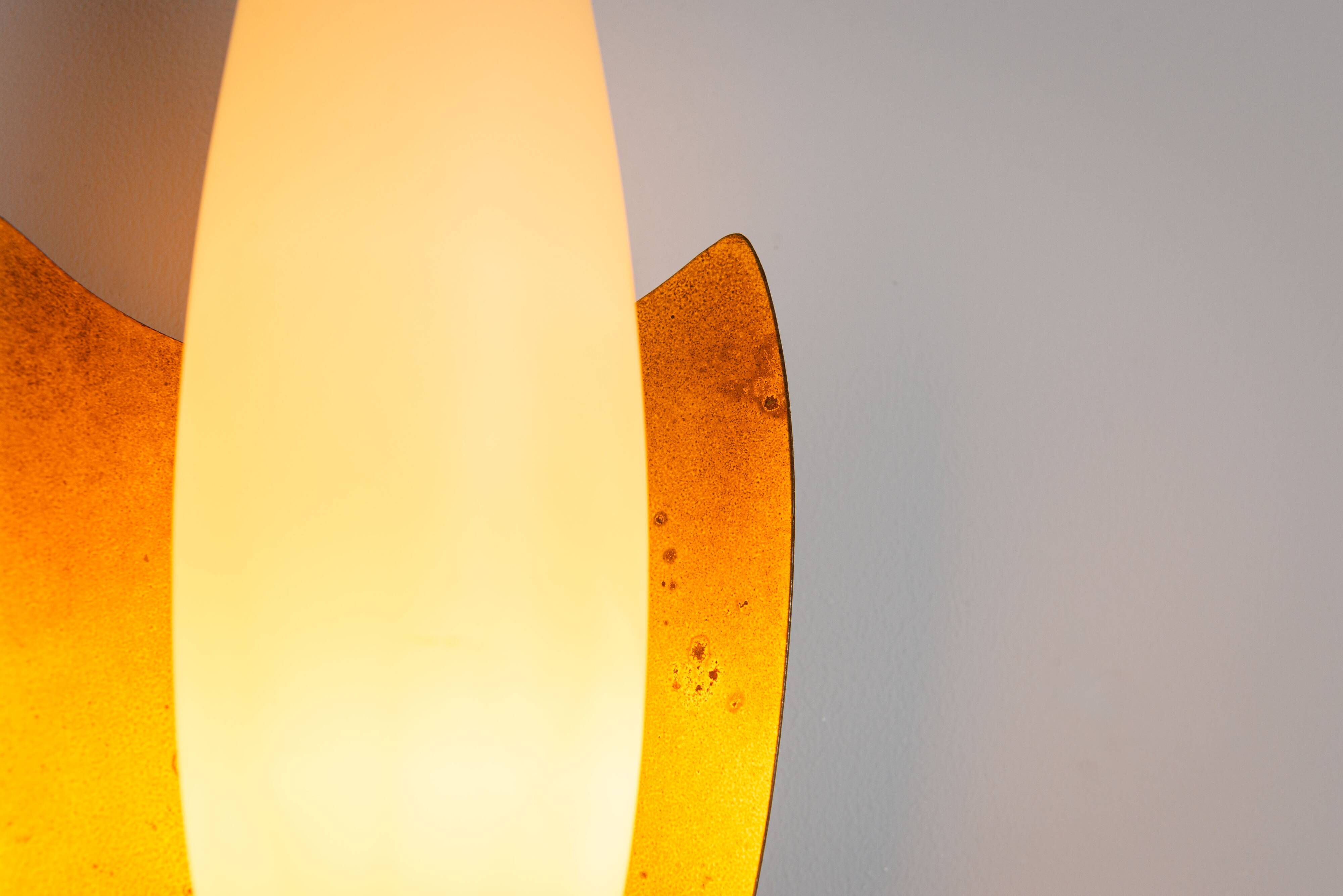 Pair of wall lamps with brass shields and glass shades