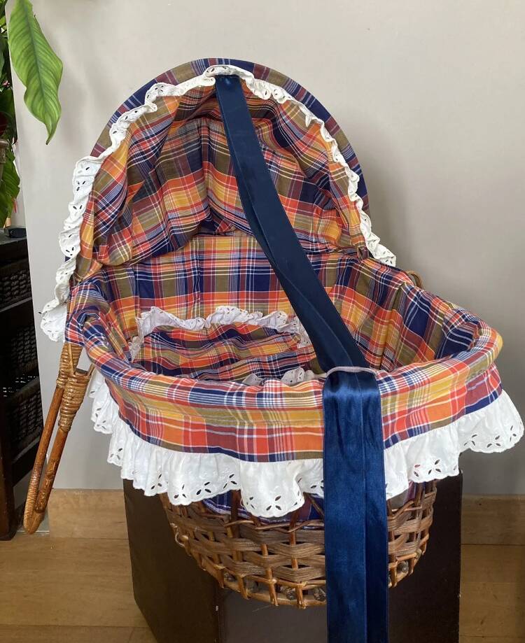 1970s wicker rattan portable bassinet cradle complete with bedding