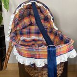 1970s wicker rattan portable bassinet cradle complete with bedding