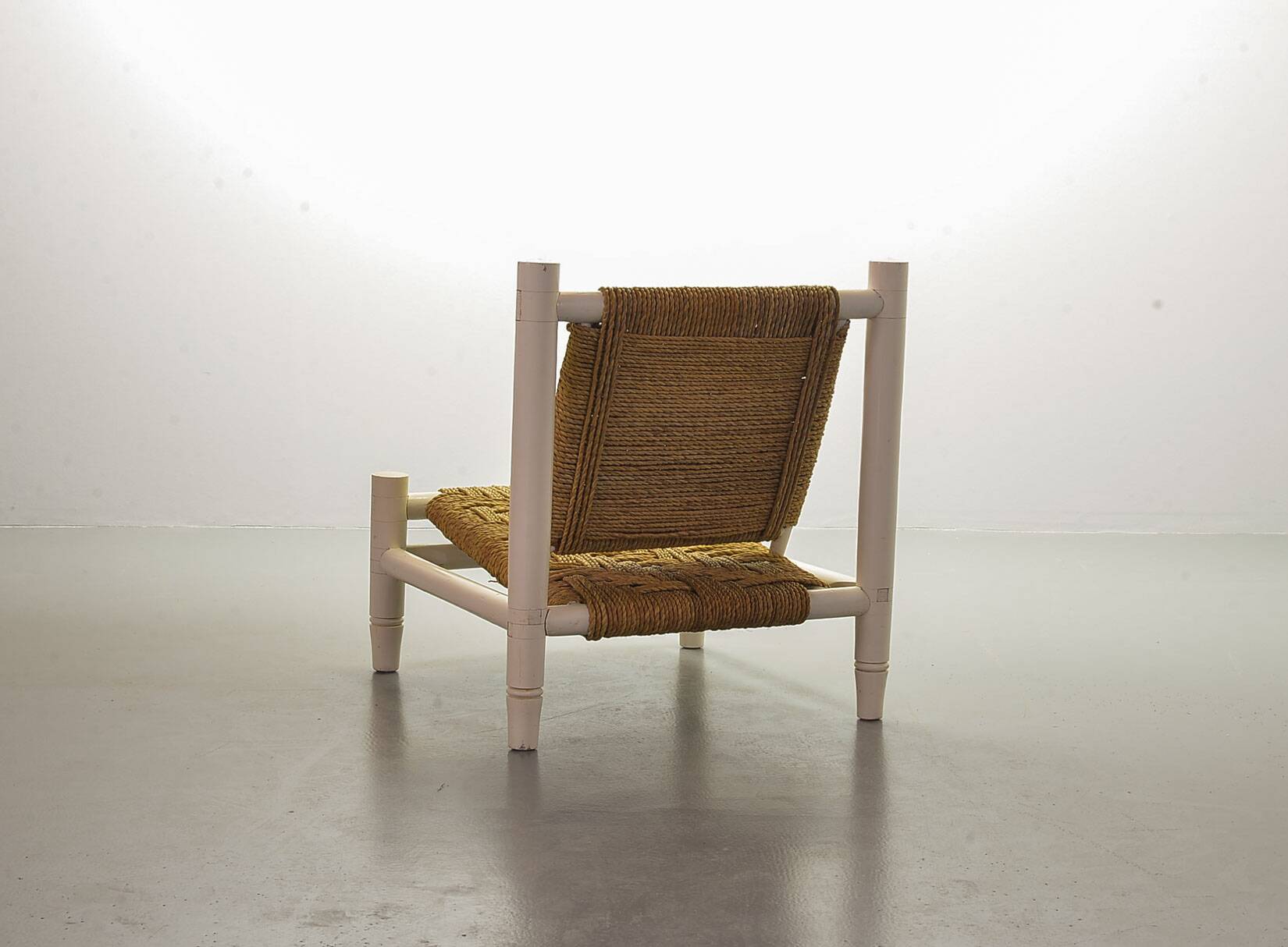 Charlotte Perriand Style Low Seat White Wicker Oak Lounge Chair and Stool