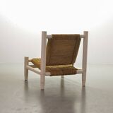 Charlotte Perriand Style Low Seat White Wicker Oak Lounge Chair and Stool