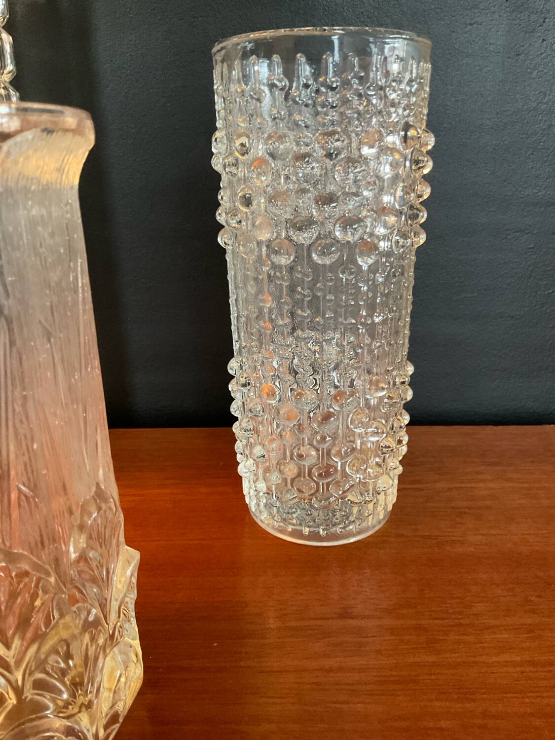 Vintage trio of moulded glass roll vases