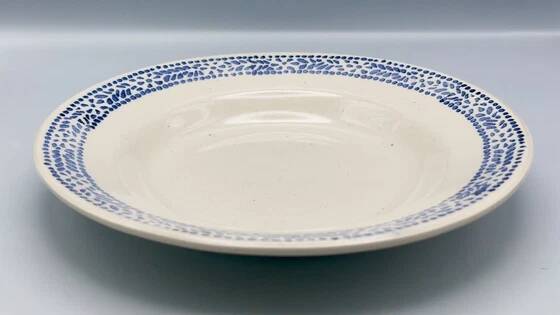 Set of 6 vintage blue and white speckled soup plates