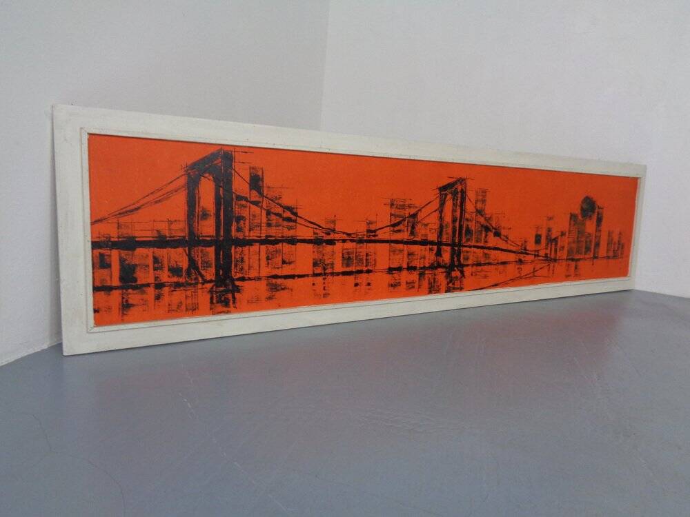 Brooklyn Bridge, New York, 1970s, Acrylic on Wood, Framed