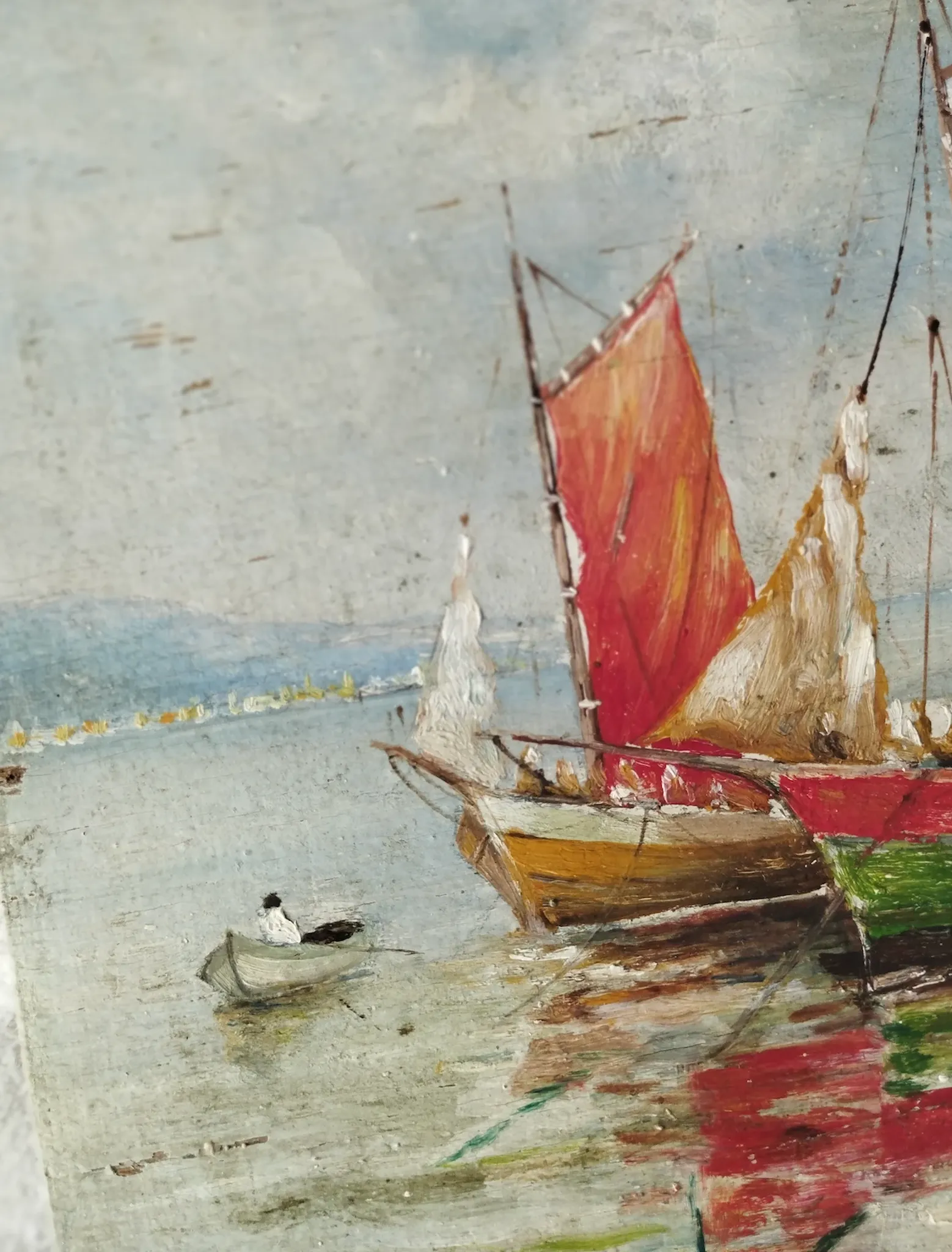 Fishing boats on calm sea. oil painting signed p. volotchenko.