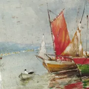 Fishing boats on calm sea. oil painting signed p. volotchenko.
