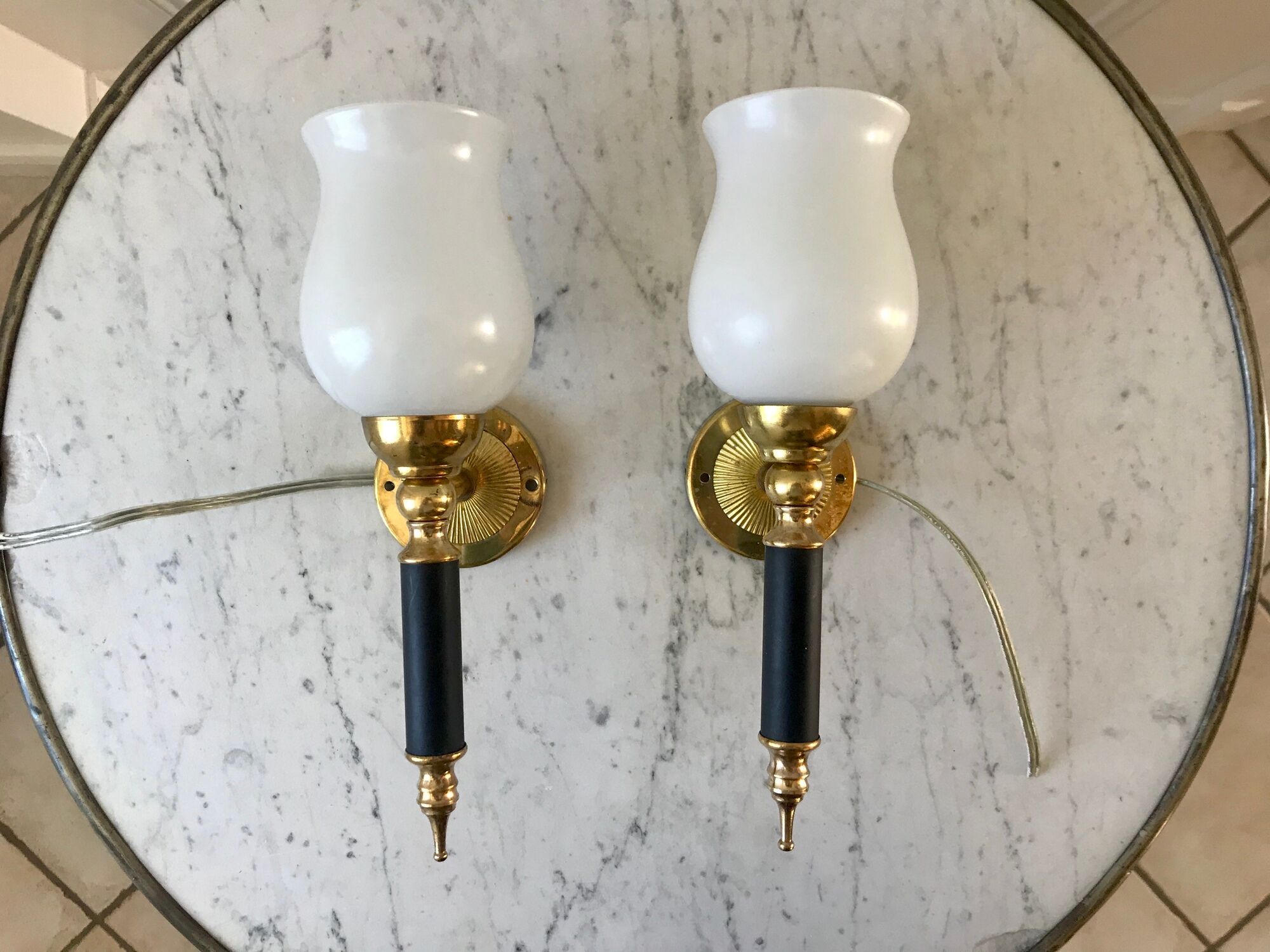 Pair of opaline and golden brass wall lamps art deco style 30s