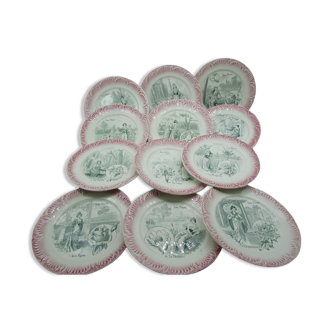 Set de 12 assiettes Digoin Sarreguemines XIXème les fleurs french flowers plates