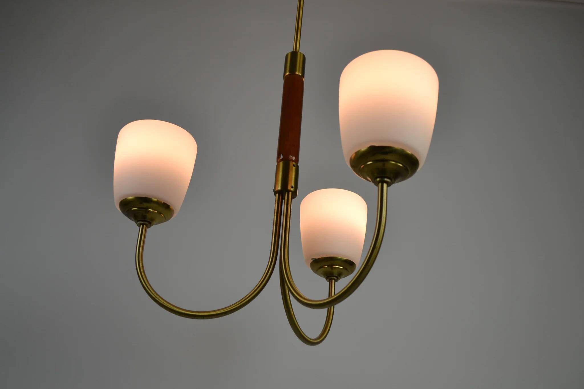 Scandinavian Modern Three-Light Pendant in Brass, Teak and Opaline Glass, 1960s