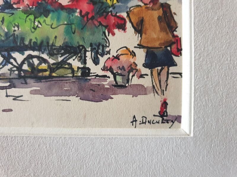 André Duculty (1912-1990) Watercolor on paper "The flower market of the Madeleine in Paris" Signed