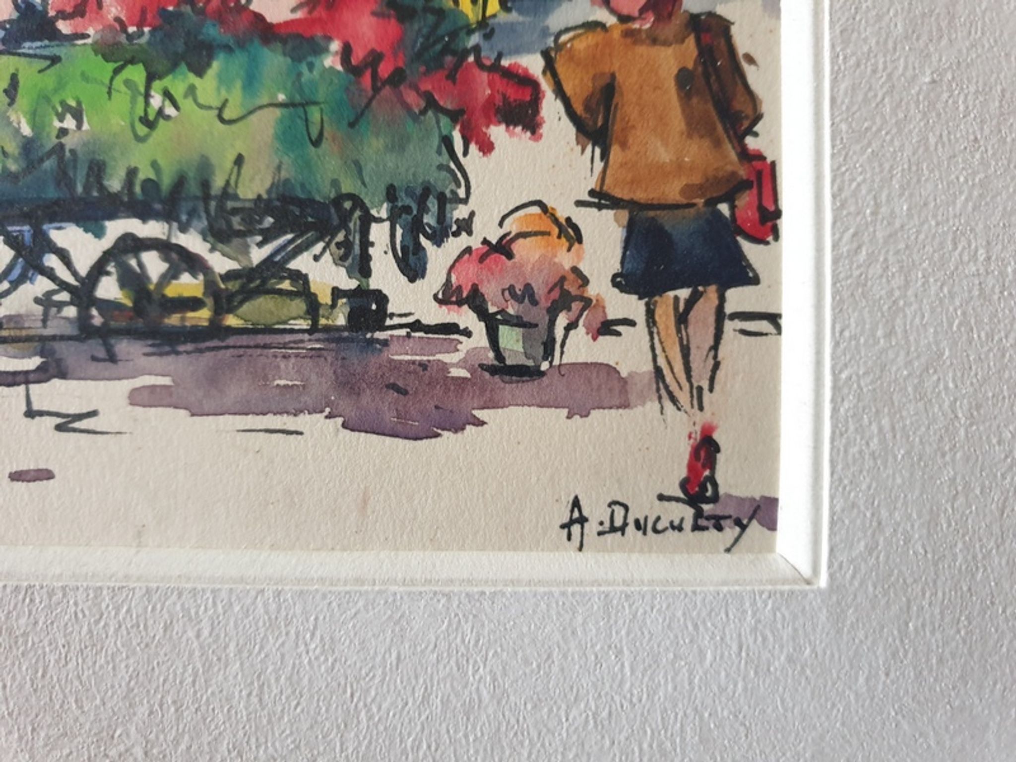 André Duculty (1912-1990) Watercolor on paper "The flower market of the Madeleine in Paris" Signed
