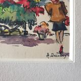 André Duculty (1912-1990) Watercolor on paper "The flower market of the Madeleine in Paris" Signed