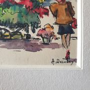 André Duculty (1912-1990) Watercolor on paper "The flower market of the Madeleine in Paris" Signed