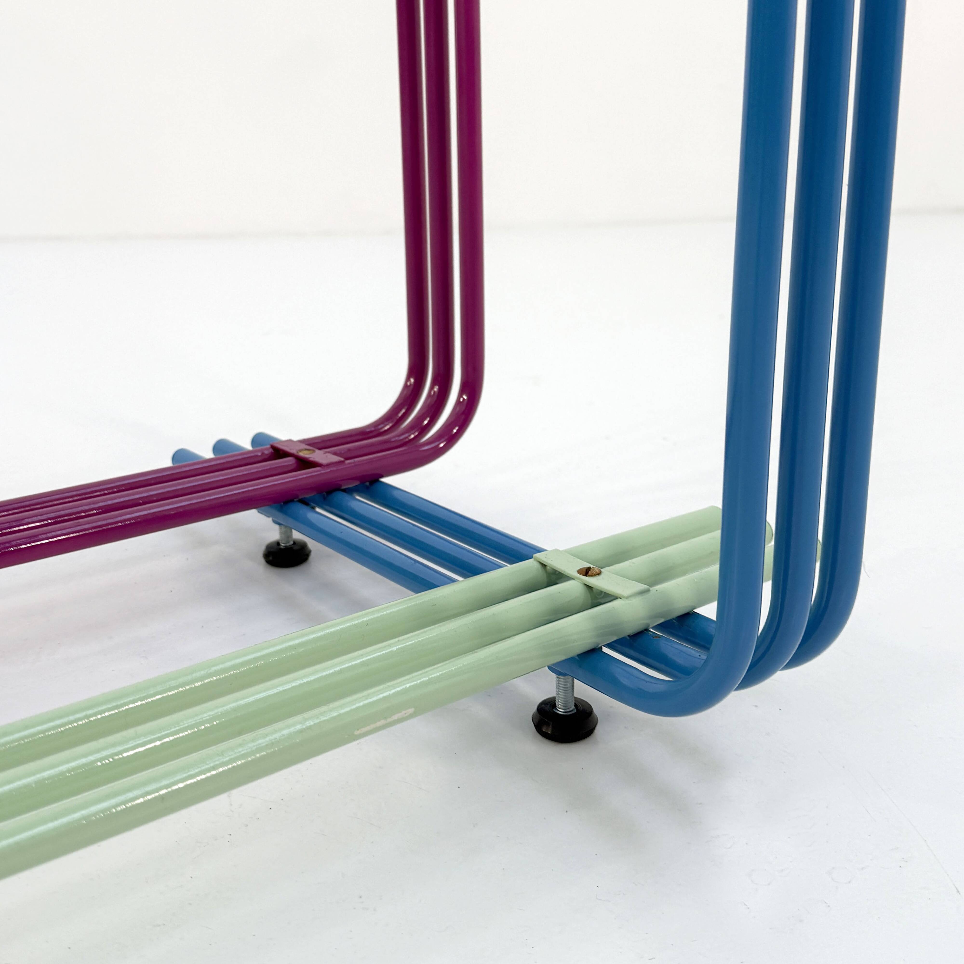 Multicolored metal and glass console, 1980