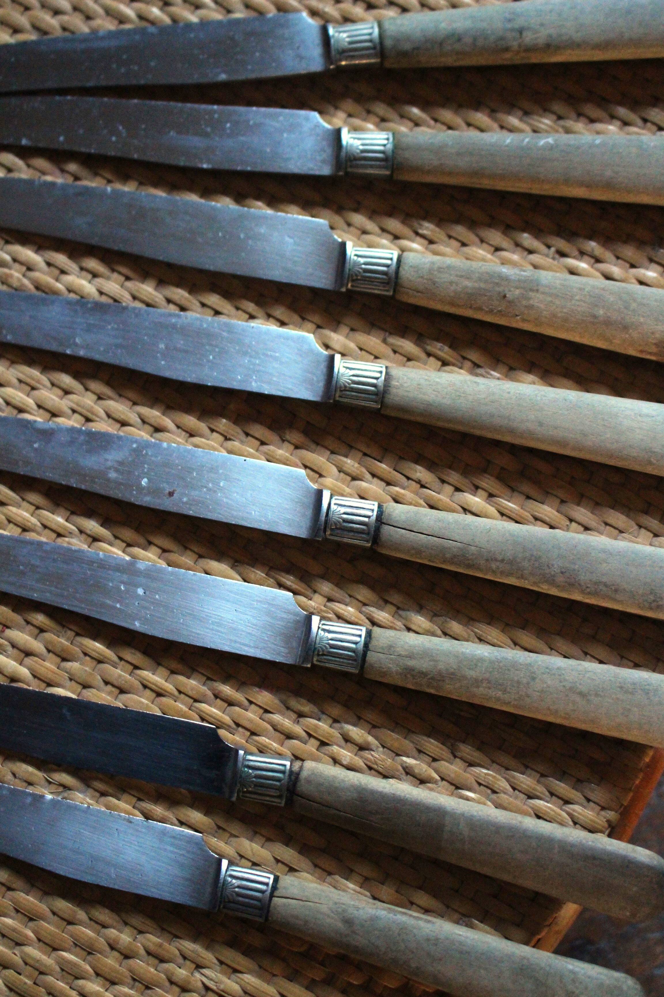 Lot of 8 antique knives with wooden handles.