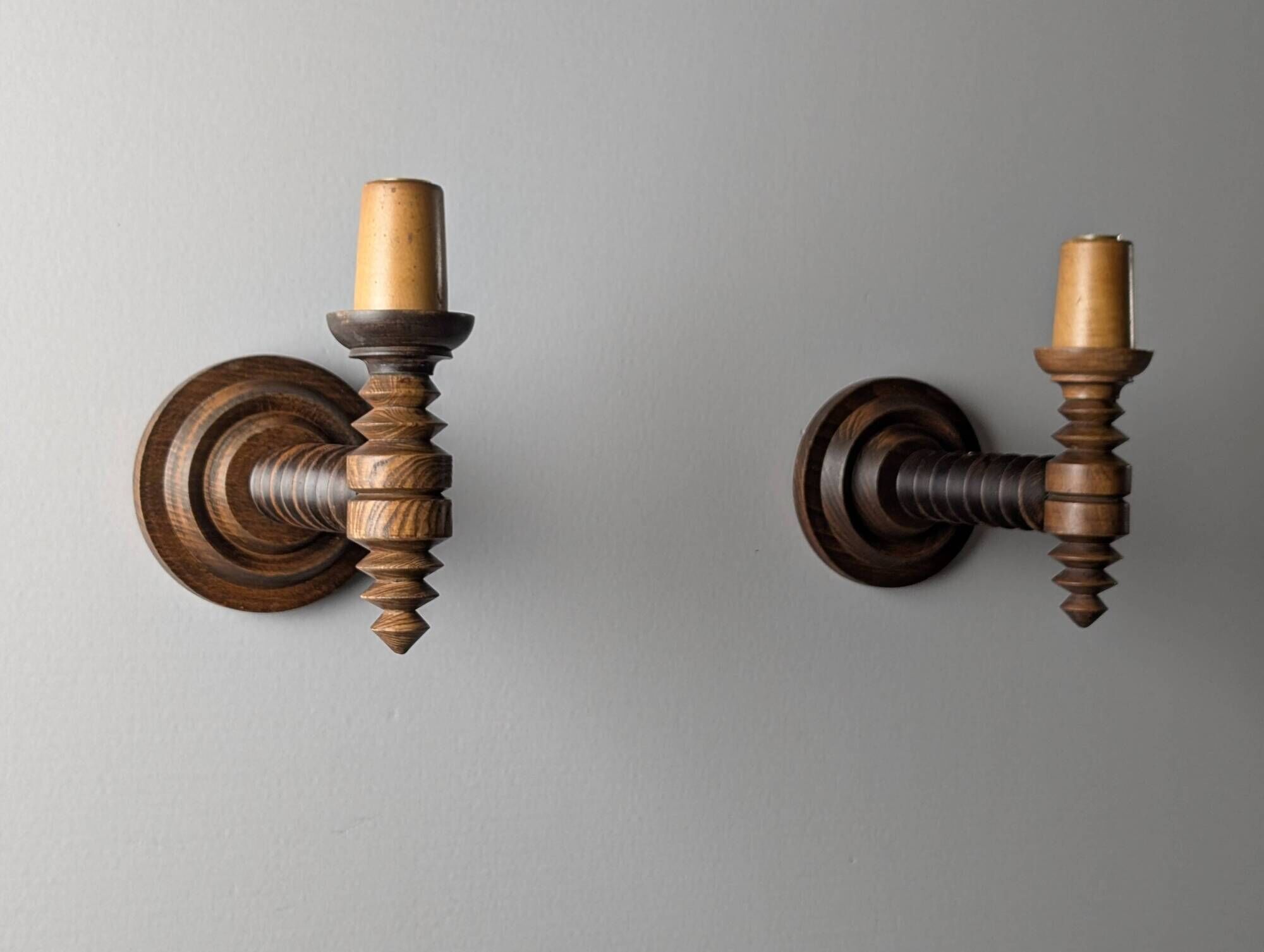 Pair of Charles Dudouyt French Turned Wood Wall Sconces, 1940s