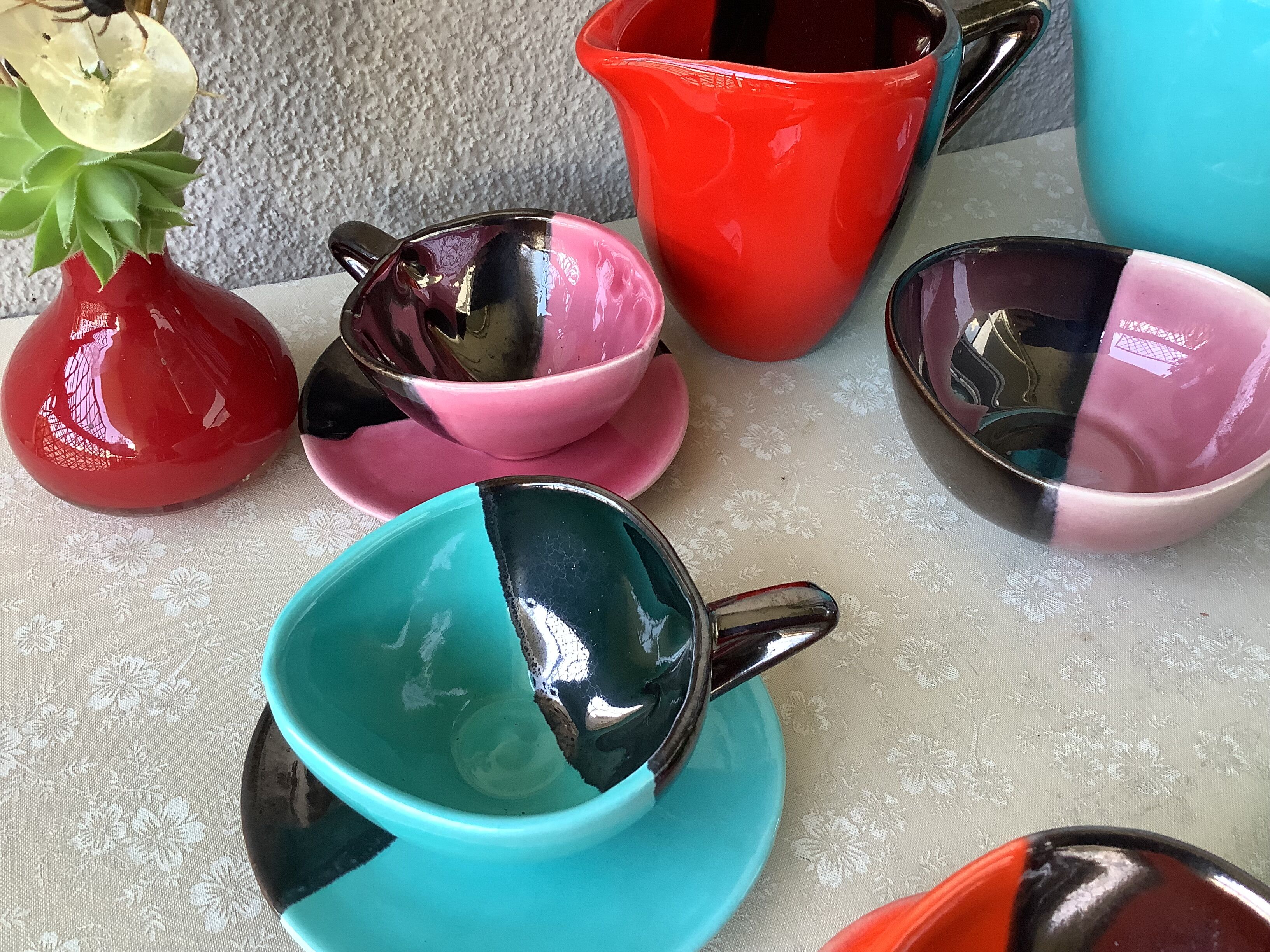 Service à Thé Ashdale Pottery Vintage - 6 Tasses, Sucrier Et Cruche, Vert Ombre/marron, Angleterre Années 70