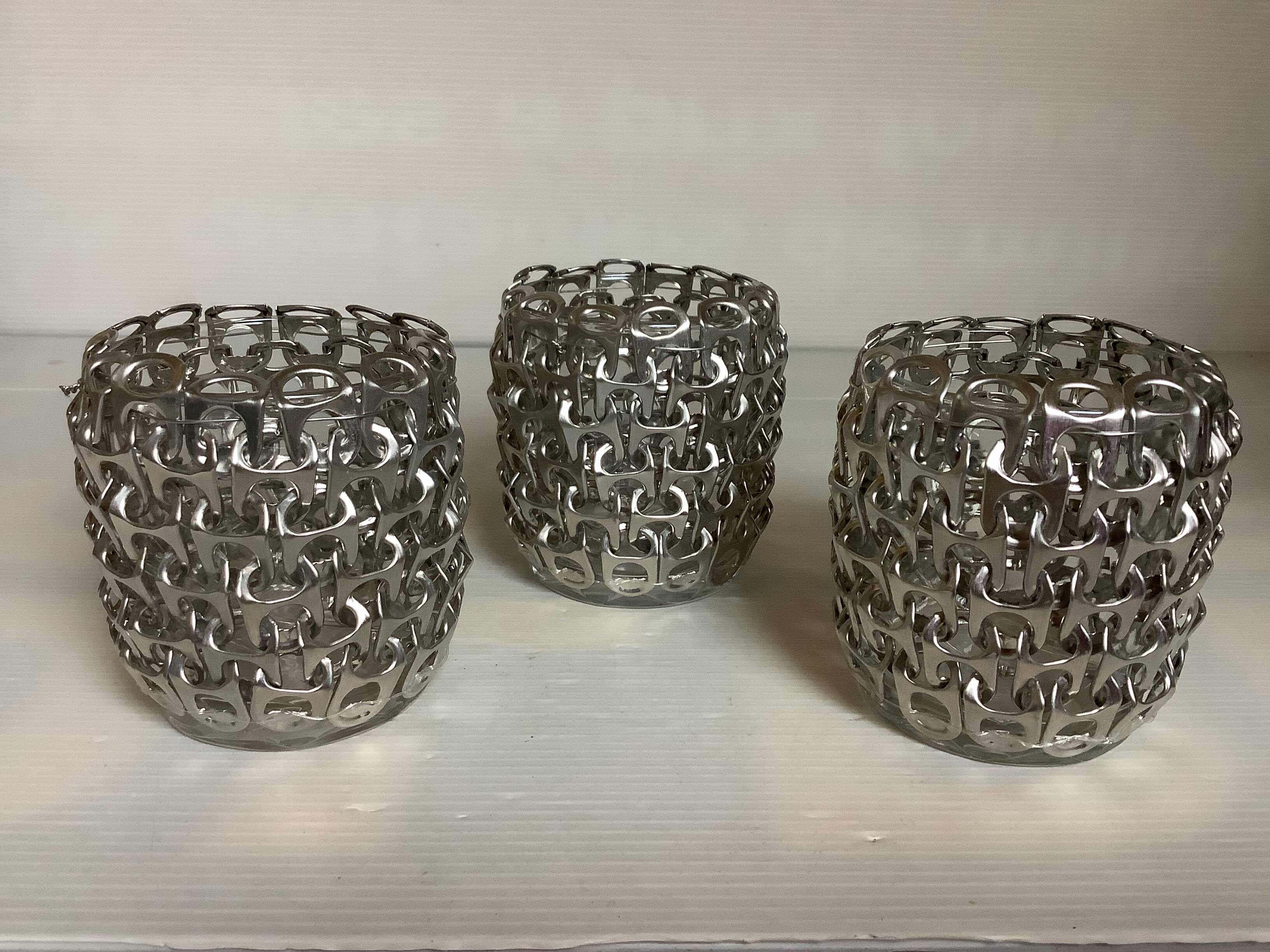 Trio of candle holders in metal strips folk art