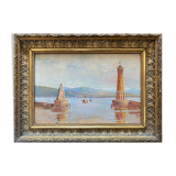 HST XIX° painting "Marine with lighthouse and boats" Italian Orientalist style + frame