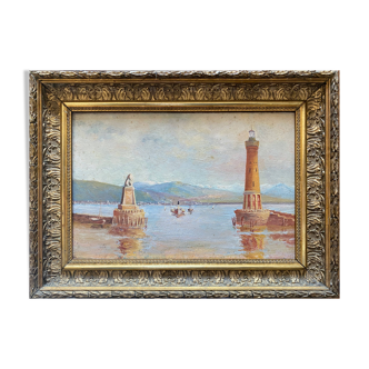 HST 19th century painting "Marine with lighthouse and boats" ec. Italy Orientalist + frame