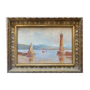 HST XIX° painting "Marine with lighthouse and boats" Italian Orientalist style + frame