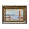 HST 19th century painting "Marine with lighthouse and boats" ec. Italy Orientalist + frame
