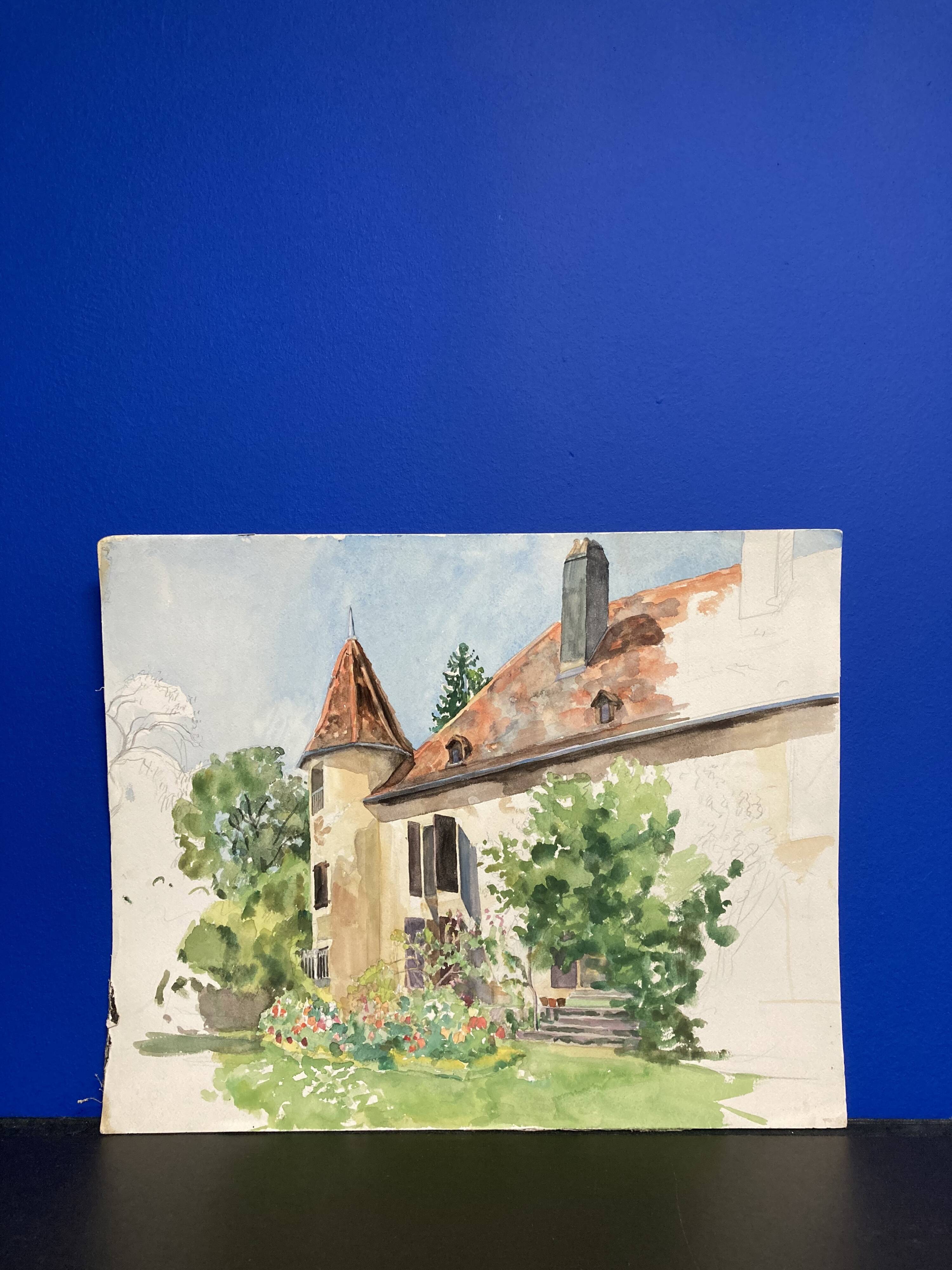 Watercolor landscape old house