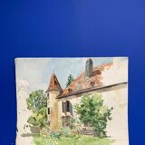 Aquarelle paysage demeure ancienne