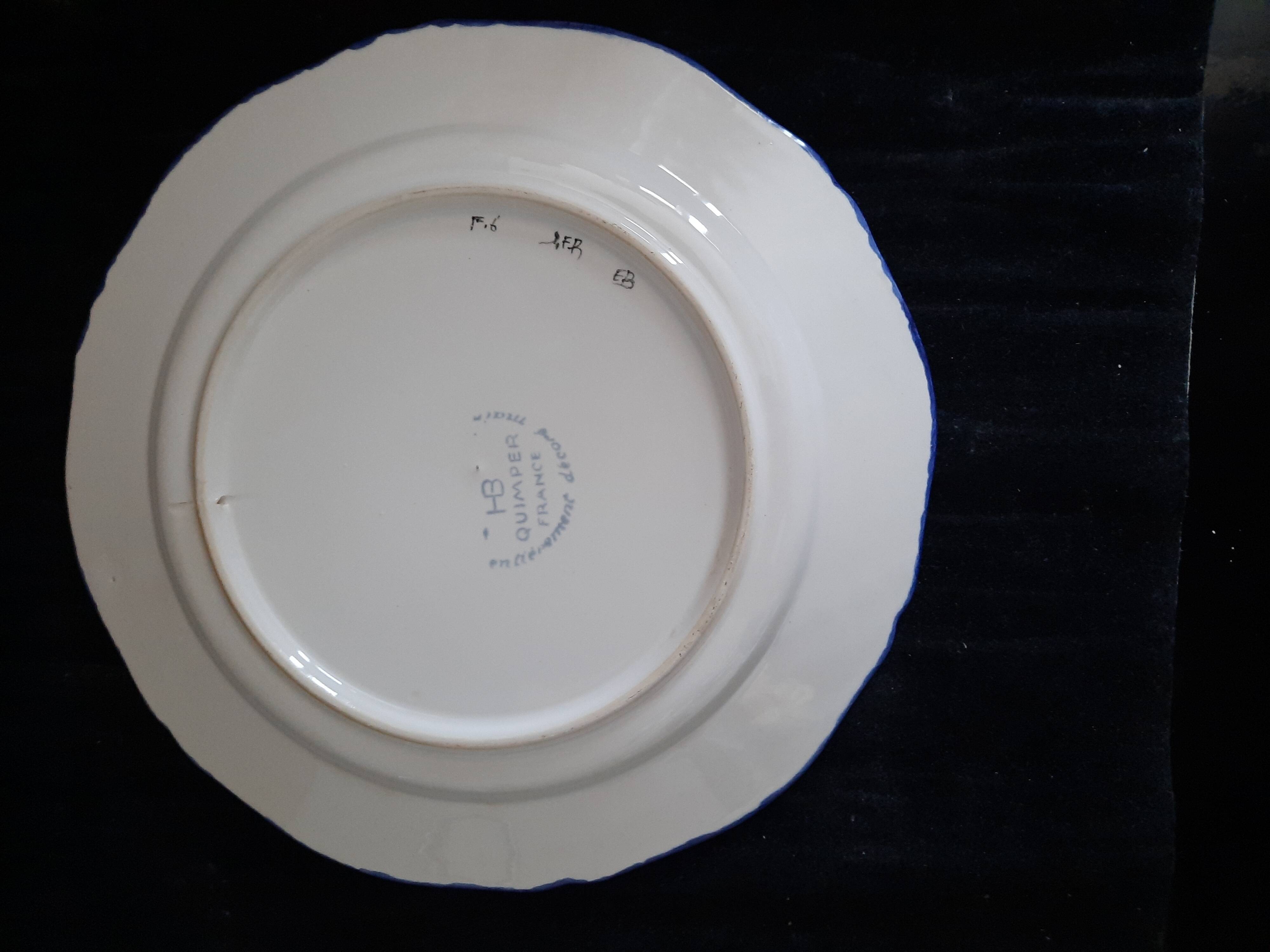 Old flat plate faience hb quimper hand-painted floral decoration