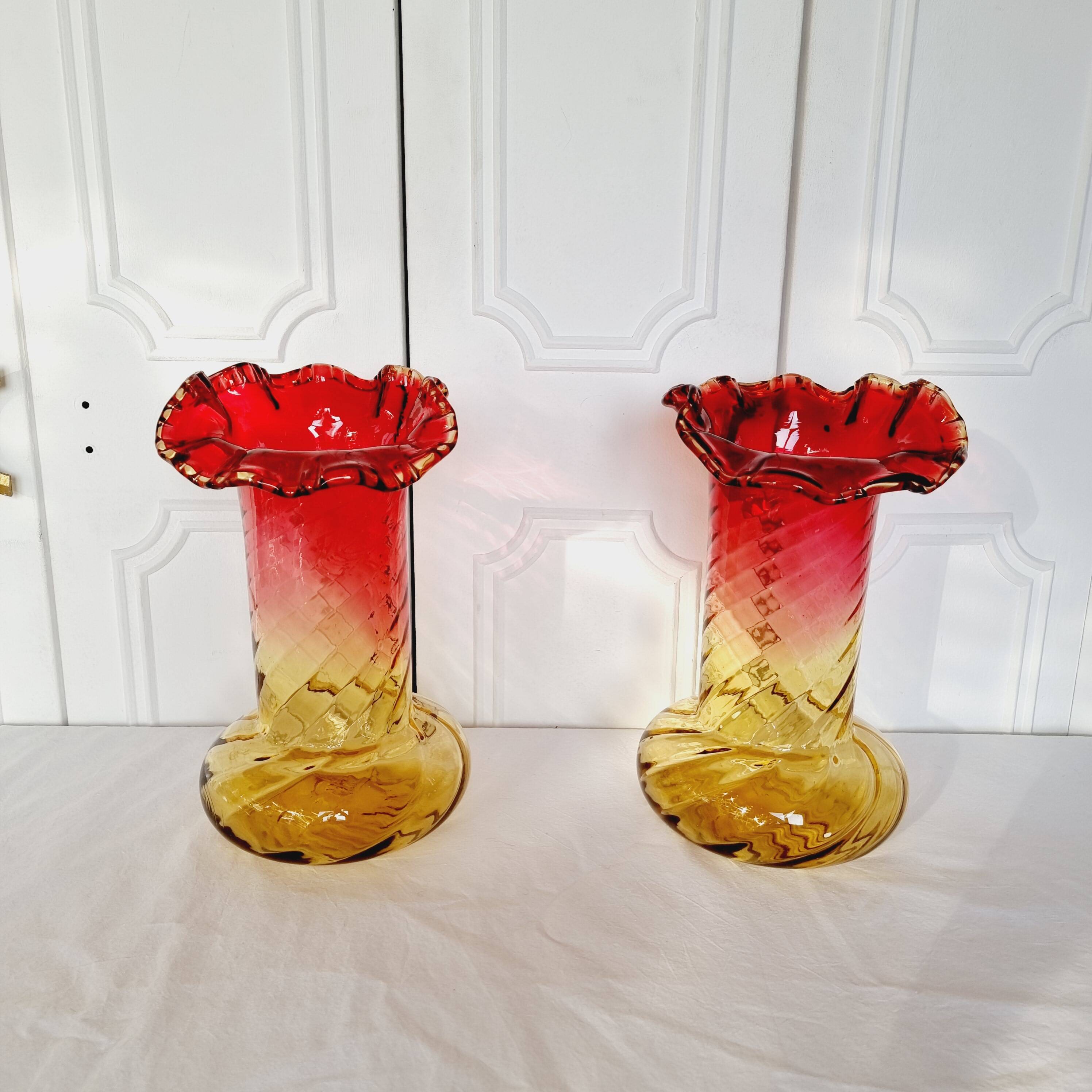 2 Art Nouveau Style Turned Glass Vases from 1900
