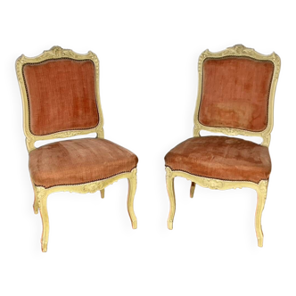 Chairs x 2 Louis XV style, off-white cracked effect, dark pink velvet