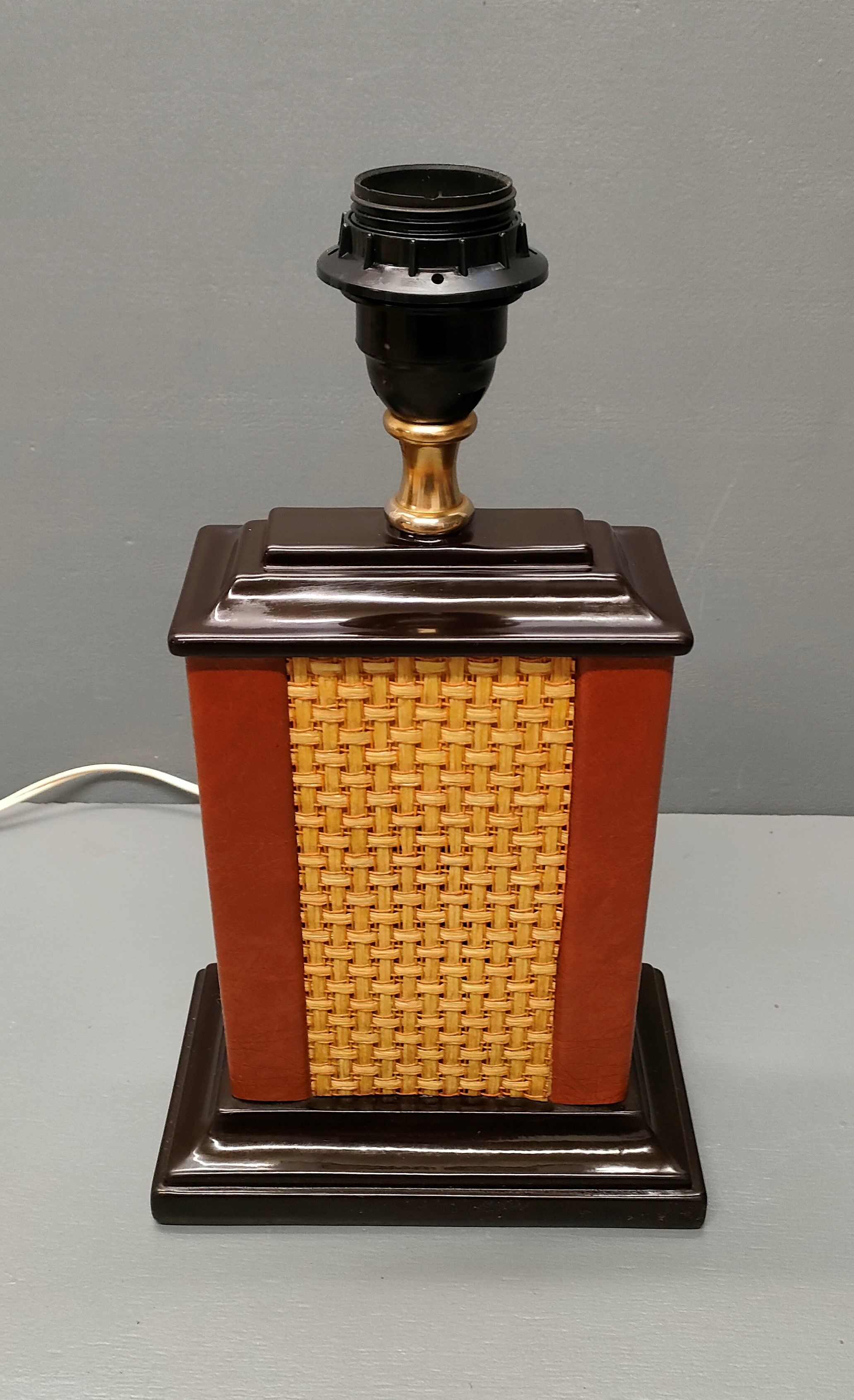 Lamp Le Dauphin black ceramic glazed, wicker canelé, imitation leather havana ~ 70's