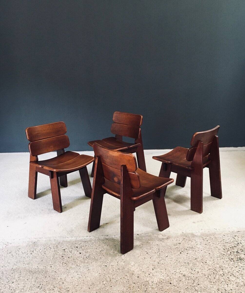 Constructivist Oak Dining Chairs, Belgium, 1960s, Set of 4
