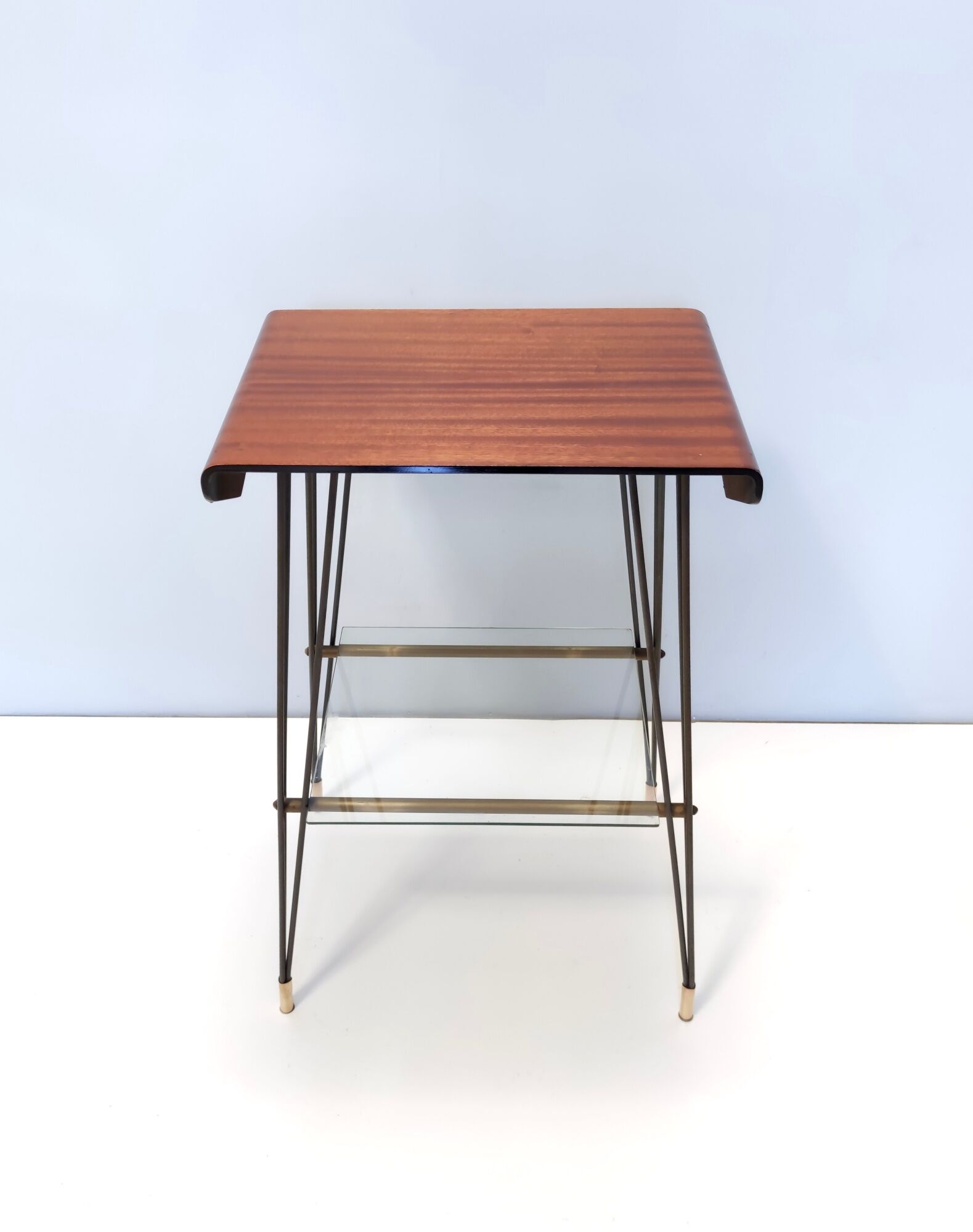 Vintage tv stand/ side table with an ebonized beech top and an iron frame, italy