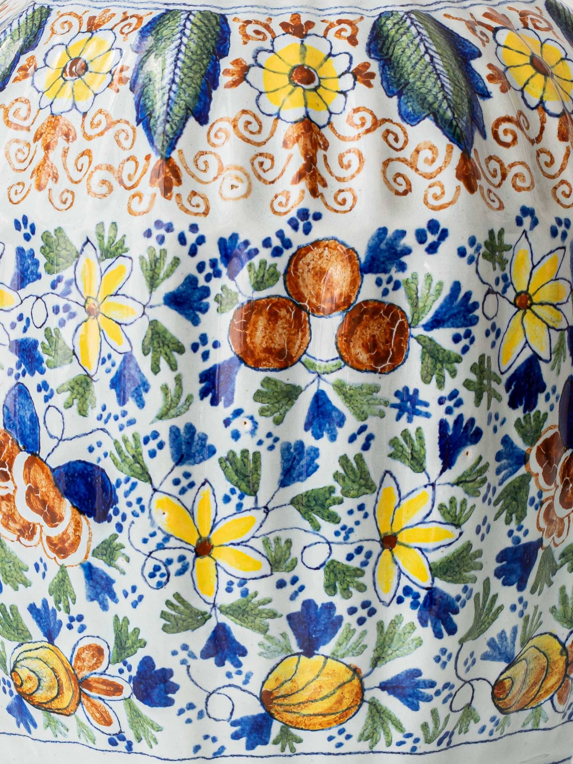 Polychrome Dutch Delft Table Lamp, Tichelaar Makkum, with New Loose Pleat Silk Shade