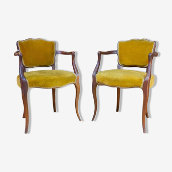 Pair of Louis XV style mustard velvet armchairs mid-20th century
