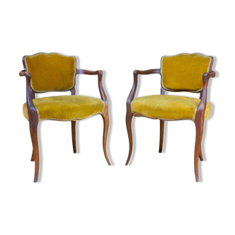 Pair of Louis XV style mustard velvet armchairs mid-20th century