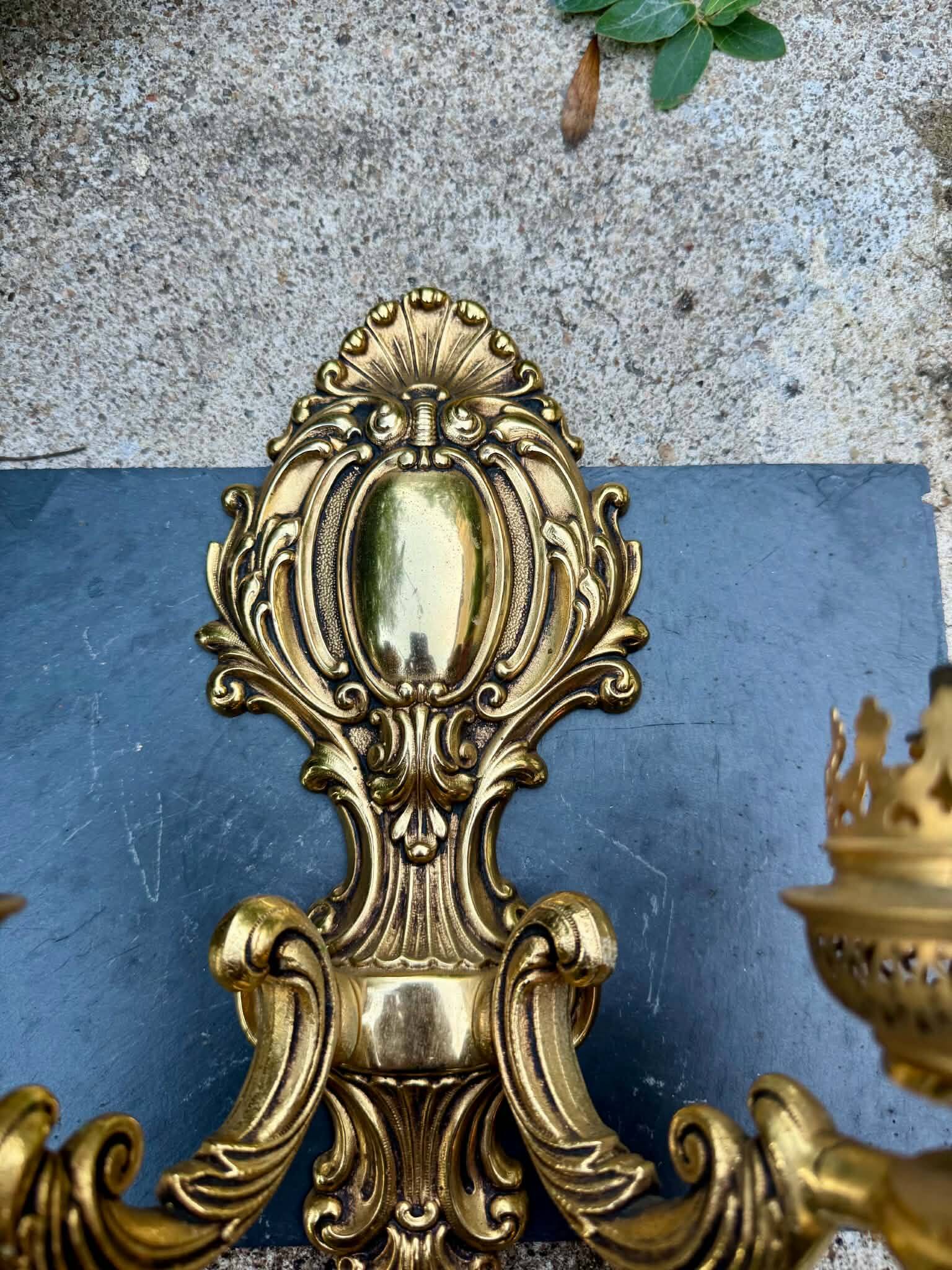Wall light with 2 branches in baroque brass lion design.