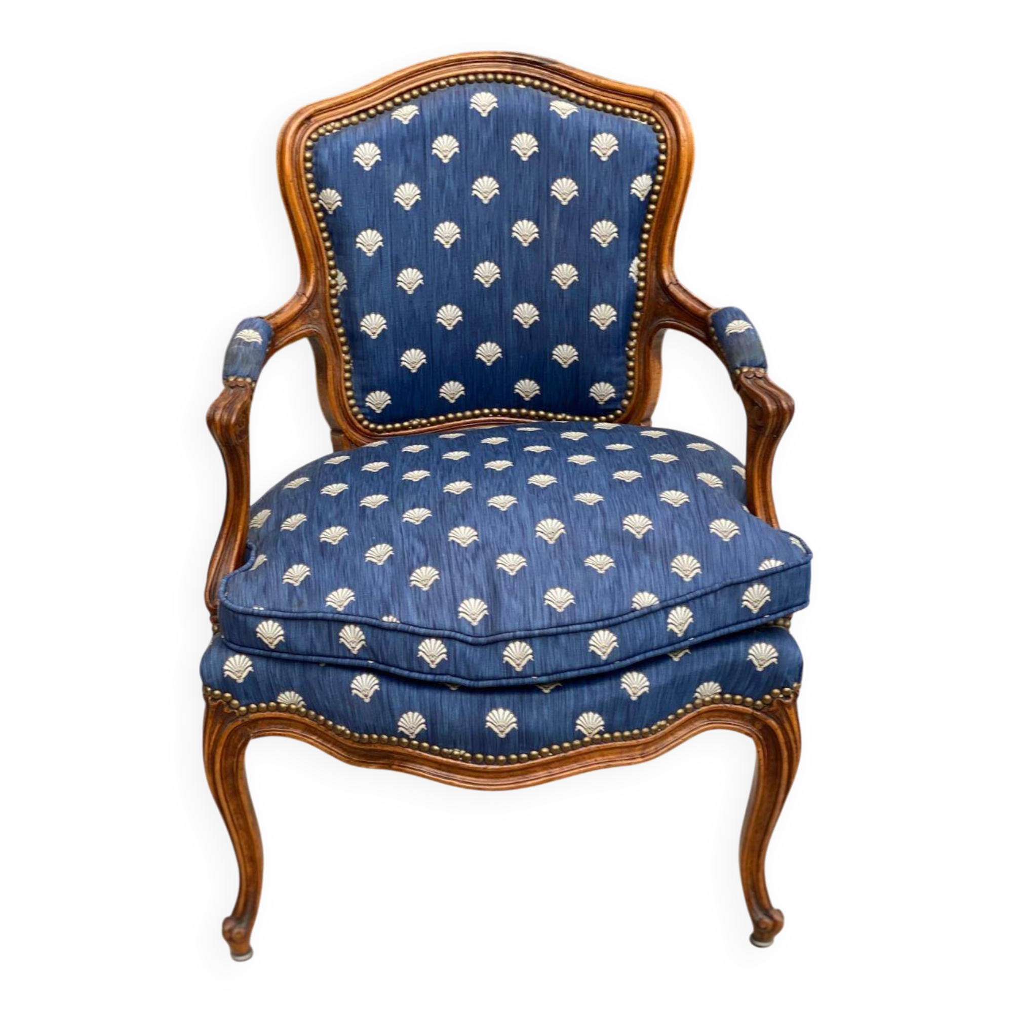Bergère armchair Louis XV blue silk fabric embroidered