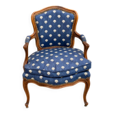 Bergère armchair Louis XV blue silk fabric embroidered