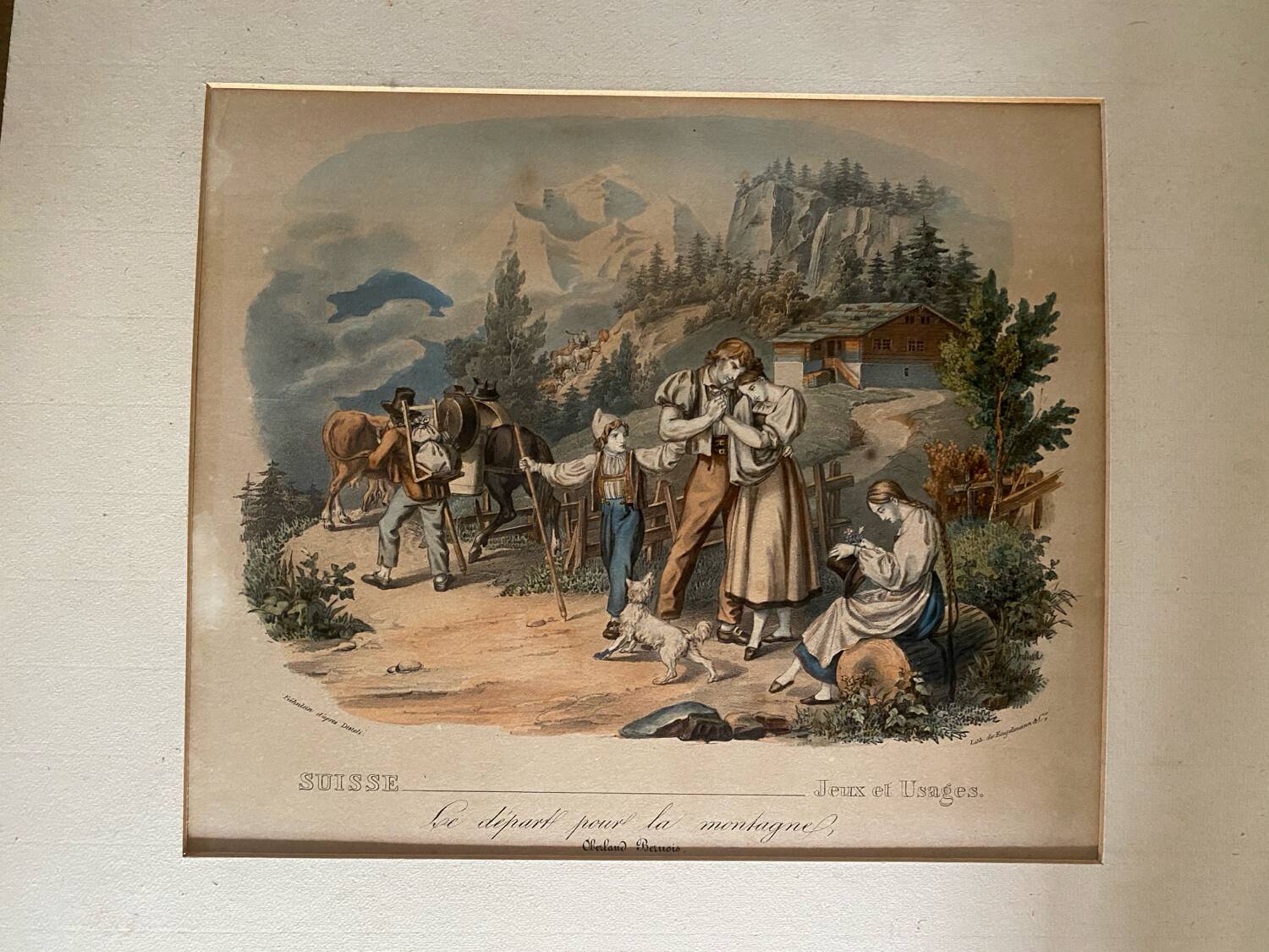 Grande gravure ancienne suisse « le départ pour la montagne »