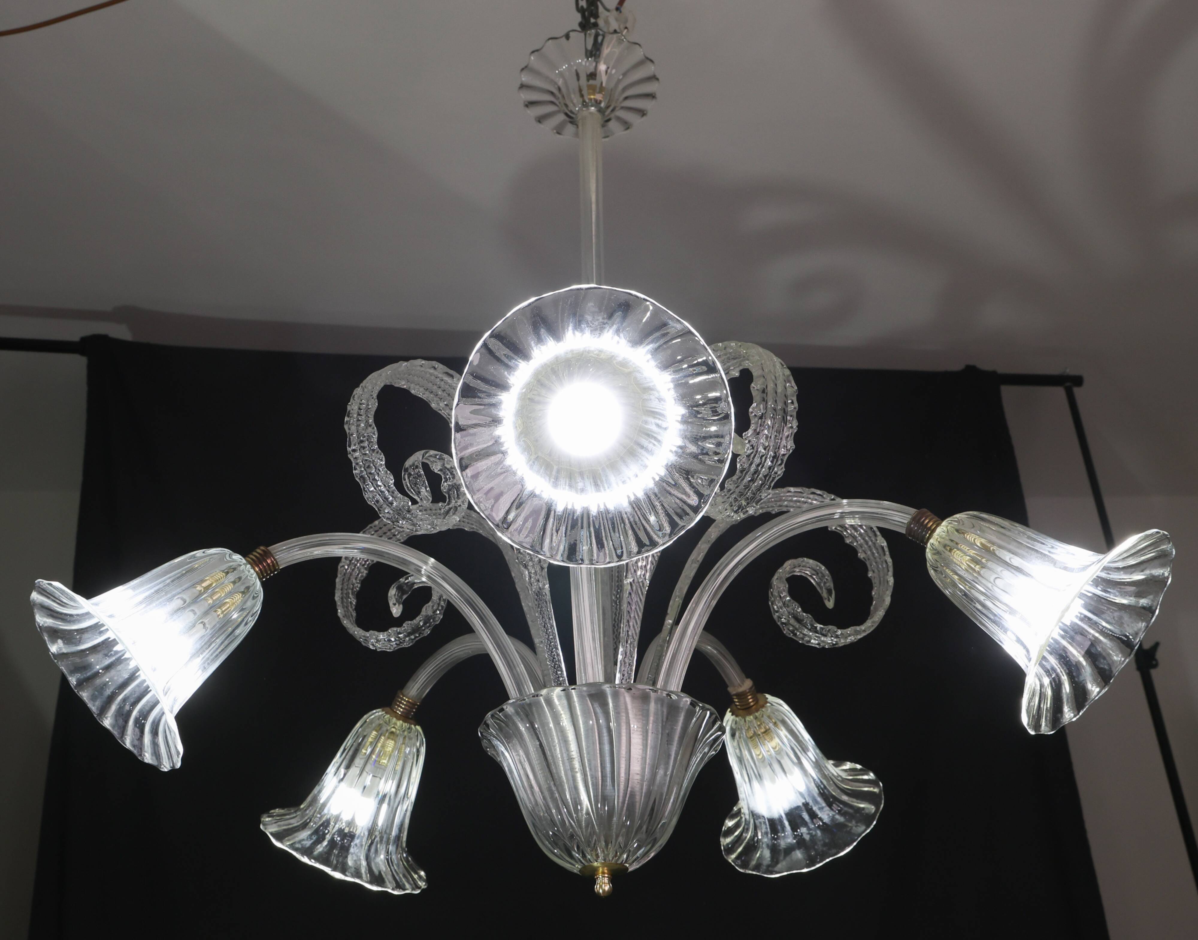 Amazing Art Decò Murano Glass Chandelier 5 Light, 1950