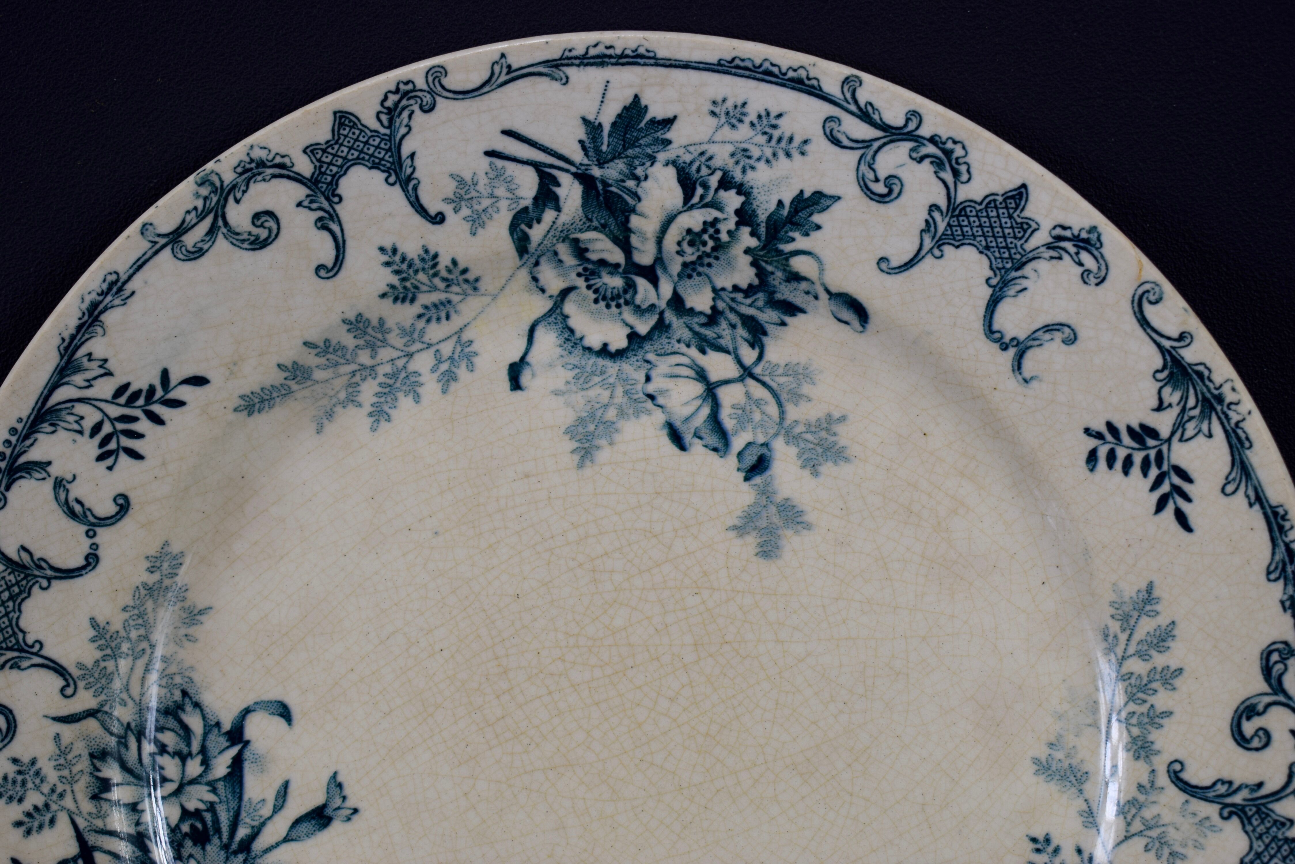 Old white and blue flat plate floral decor emile bourgeois