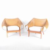 Pair of wooden and wicker armchairs